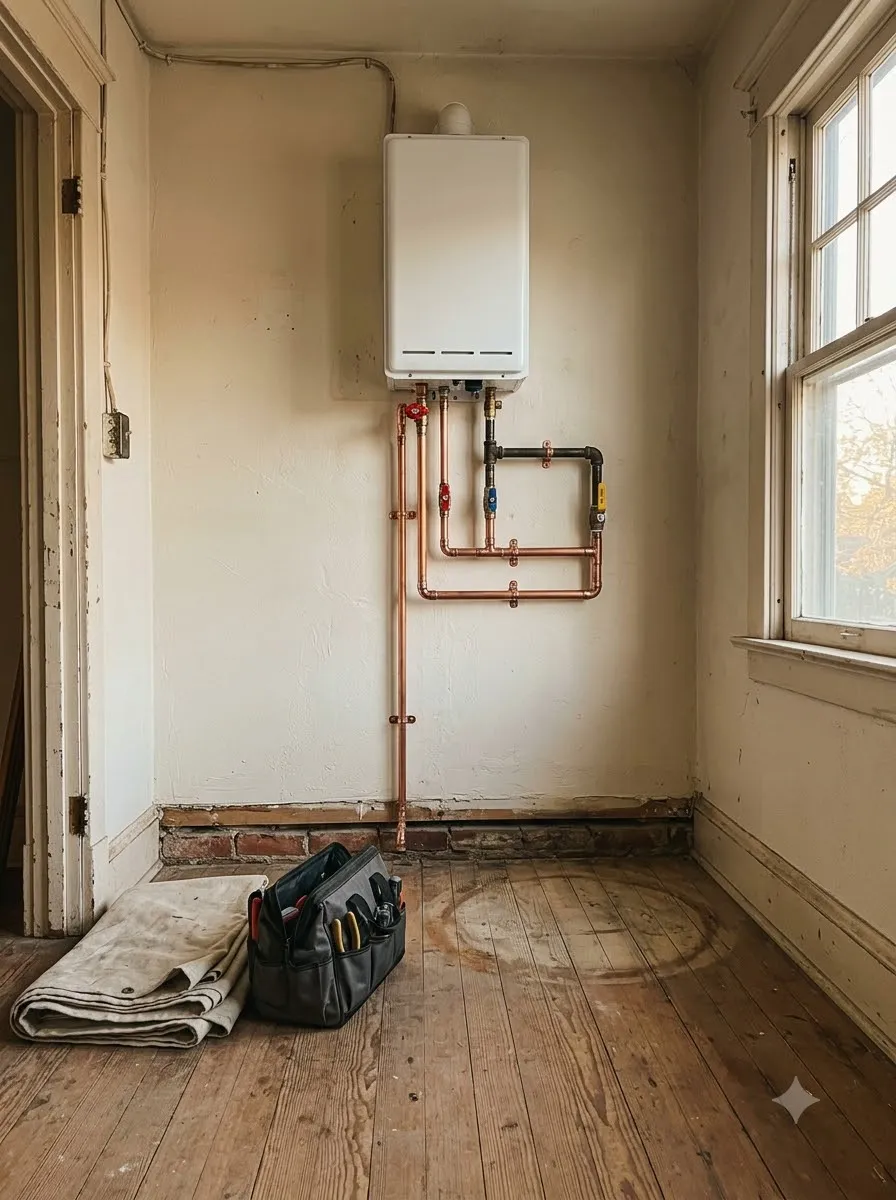 Tankless water heater fitted on the utility-room wall in Oakhurst, Decatur, with the floor clear where the old tank stood